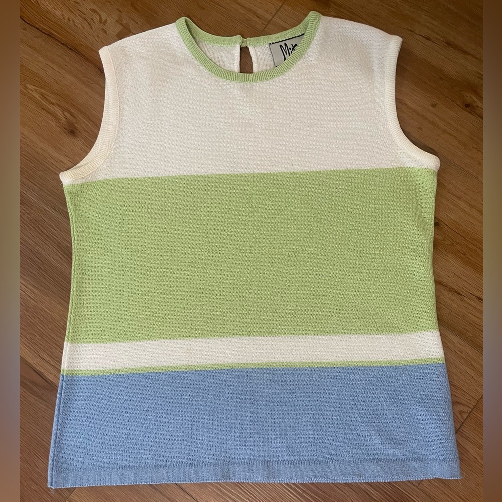 Vintage Mita como hire, blue, and green knit striped top, size 10